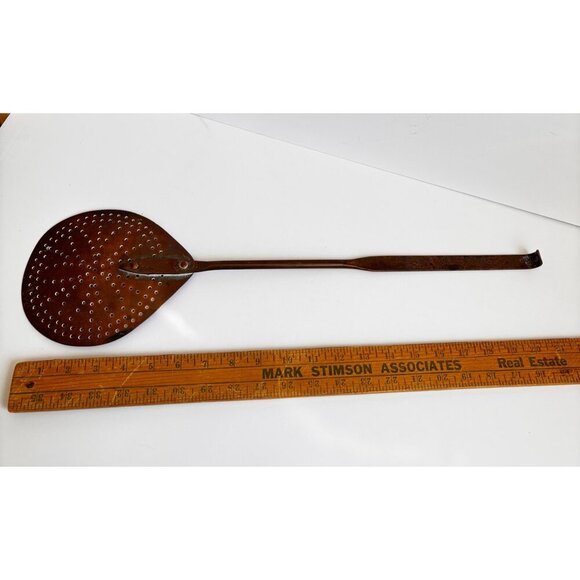 Antique Copper Skimmer Slotted Strainer Ladle Long 20.5" Handle - Picture 6 of 6